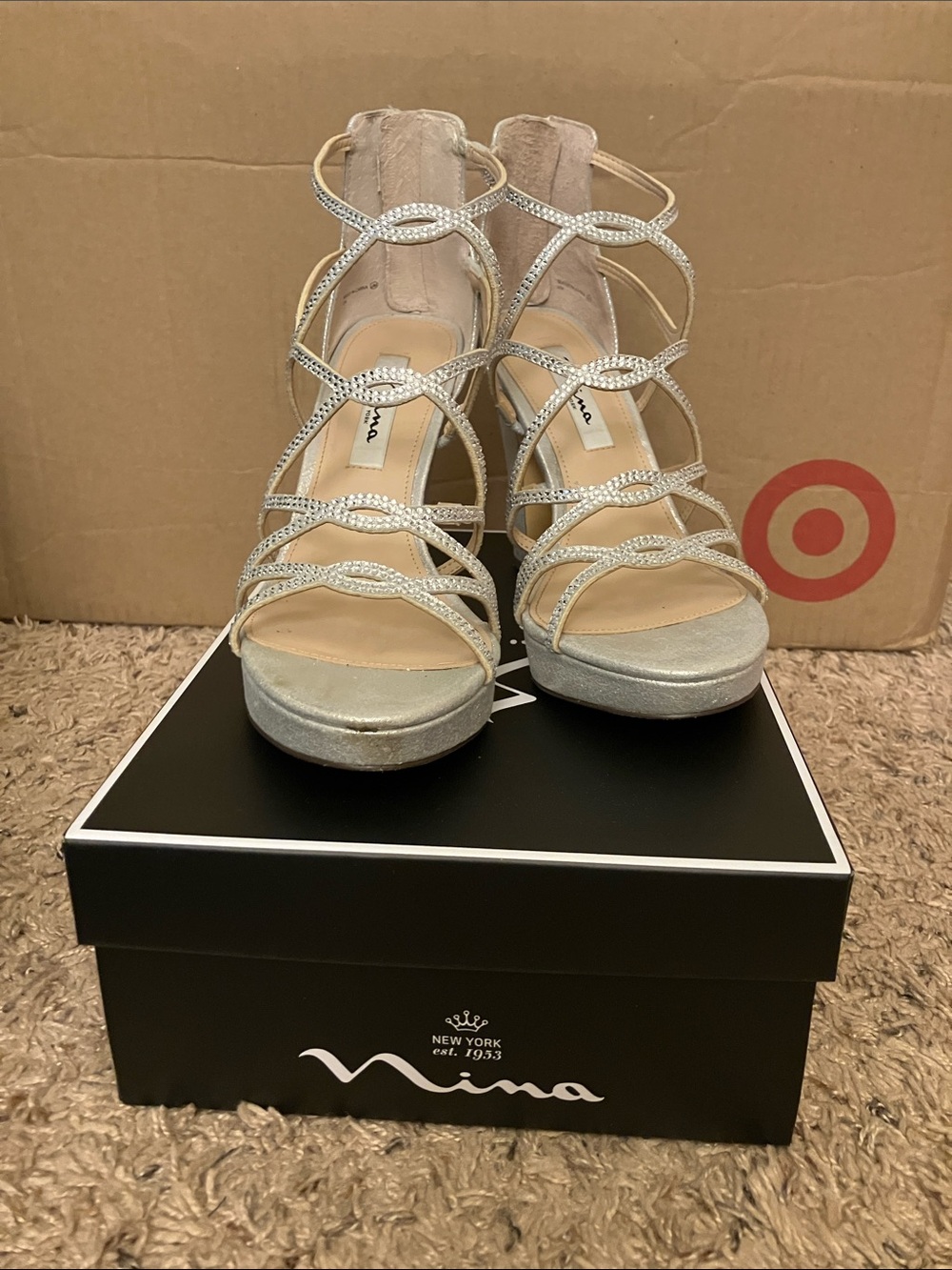 Nina Silver Rhinestone Strappy Platform Heels